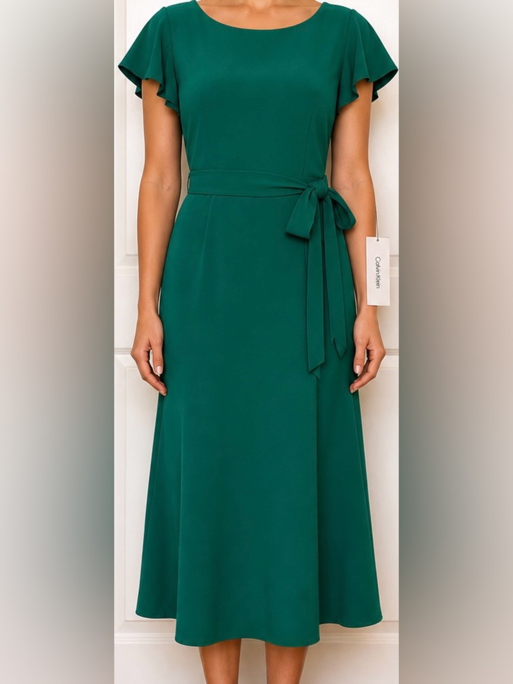 Calvin Klein Emerald Green Flutter Sleeve Midi Dress Belted NWT Size 10